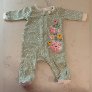 Gerber Preemie Green White Polka Dots with Pink & Orange Floral Design Footie